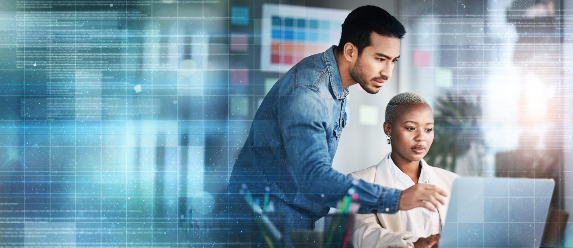 Teamwork, laptop and overlay with business people in office for creative, networking and review. Collaboration, mockup and startup with man and black woman research in digital agency for website businesspeople in the office with e-mail marketing vector illustration design